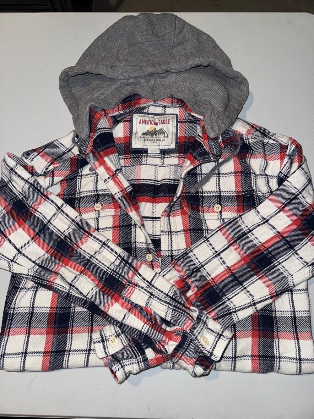American Eagle Outfitters Kids Red, Navy & White Plaid Hooded Flannel Shirt